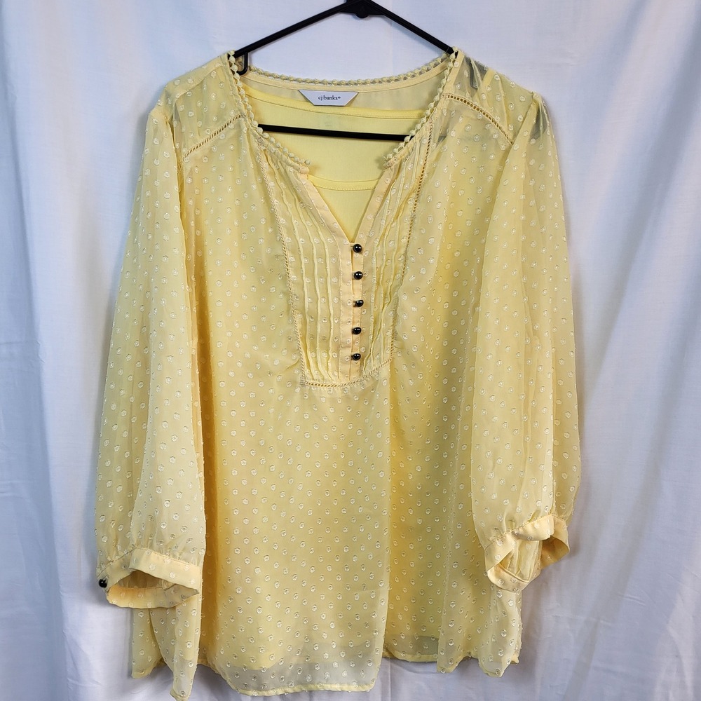 CJ Banks 1X Yellow Twin Set Blouse Tank Top Sheer Swiss Dot 2 Pc Womens Plus